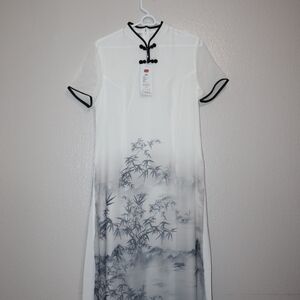 Chic White and Black Bamboo Print Midi Dress